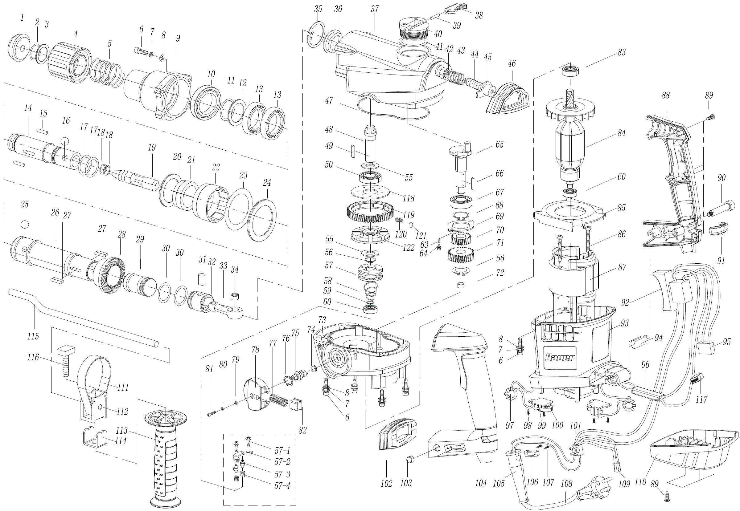 ЗУБР 40 мм, 1250 Вт, АВТ, перфоратор SDS-Max, Профессионал (ЗПМ-40-1250 ЭВК) - разборная схема